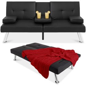 Black Faux Leather Convertible Sofa Futon with 2 Cup Holders