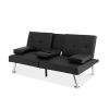 Black Faux Leather Convertible Sofa Futon with 2 Cup Holders