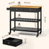 Black Kitchen Island Cart with Wood Top 2 Shelves 2 Drawers and Locking Wheels