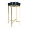 Gold Finish Metal Round End Table Nightstand with  Removable Navy Blue Tray Top