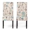 Set of 2 Beige Cream Teal Blue Floral Fabric Dining Chair with Wood Legs