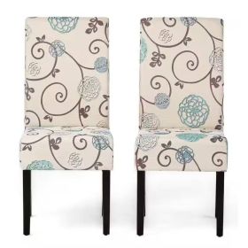 Set of 2 Beige Cream Teal Blue Floral Fabric Dining Chair with Wood Legs