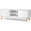 Modern 55-inch Solid Wood TV Stand in White Finish and Mid-Century Legs