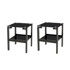 2-piece Black Tempered Gass End Table Set, Sofa table with 2-layer Storage Shelf