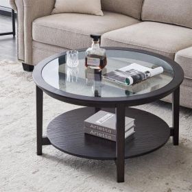 Modern Solid wood round coffee table with tempered glass top black color-36"