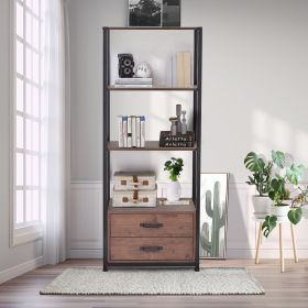 Home Office 4-Tier Bookshelf; Simple Industrial Bookcase Standing Shelf Unit Storage Organizer with 4 Open Storage Shelves and Two Drawers; Brown