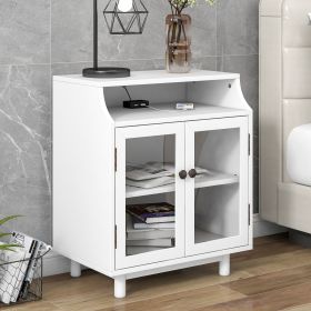 Nightstand with Storage Shelves and Cabinets for Living Room/Bedroom,Glass Door,USB Charging,White