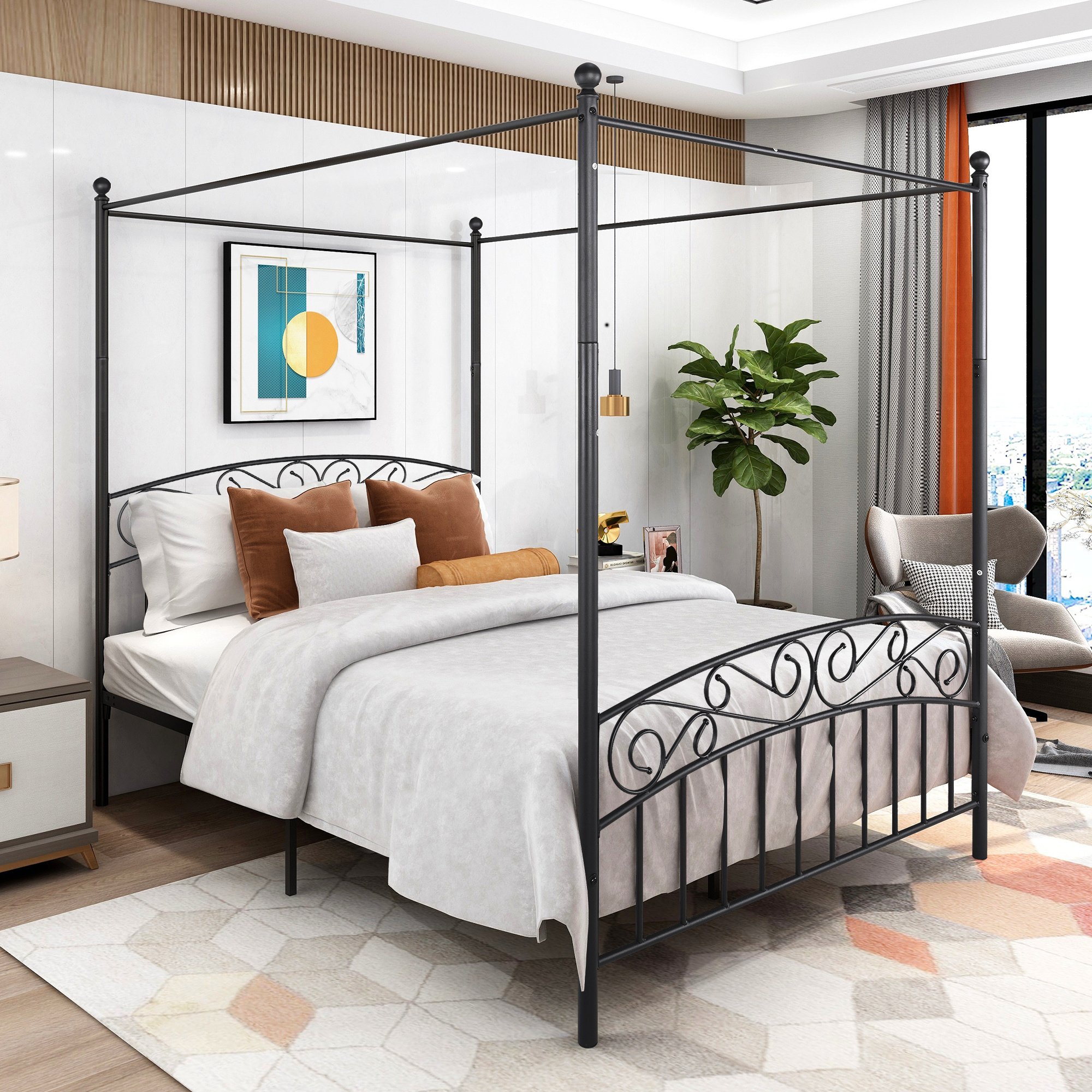 Metal Canopy Bed Frame with Ornate European Style Headboard & Footboard Sturdy Steel Holds 600lbs Perfectly Fits Your Mattress Easy DIY Assembly A Metal Canopy Bed Frame with Ornate European Style Headboard & Footboard Sturdy Steel Holds 600lbs Perfectly Fits Your Mattress Easy DIY Assembly A