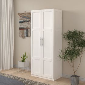 High wardrobe and kitchen cabinet with 2 doors and 3 partitions to separate 4 storage spaces; white