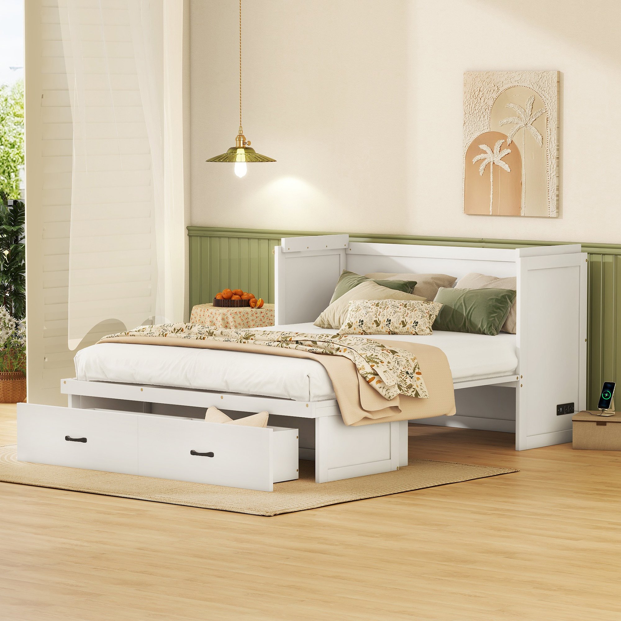 Queen Size Murphy Bed with USB Port and a Large Drawer, White Queen Size Murphy Bed with USB Port and a Large Drawer, White