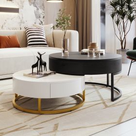 Modern Round Lift-top Nesting Coffee Tables with 2 Drawers White & Black