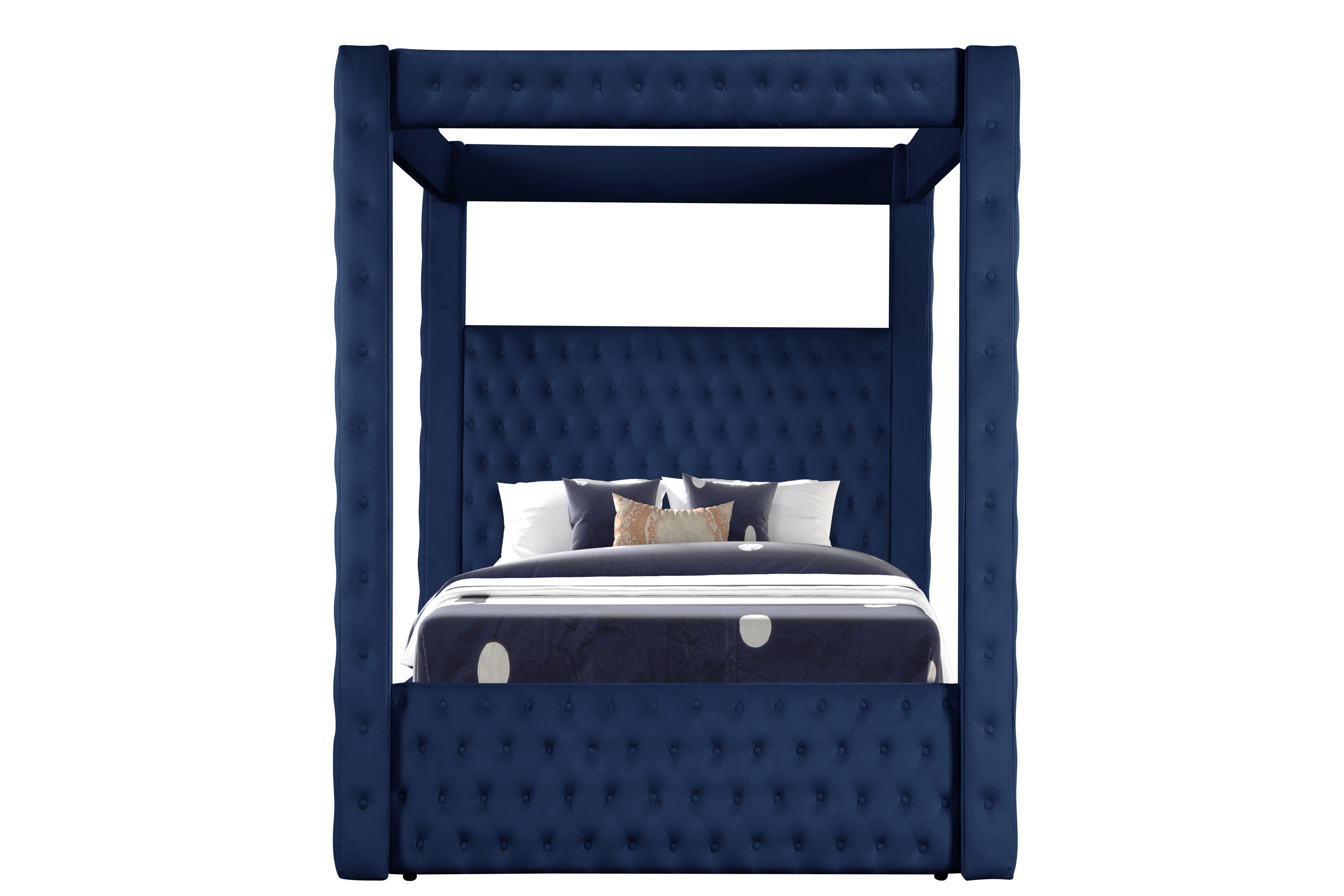 Monica luxurious Four-Poster Queen Bed Made with Wood in Navy Monica luxurious Four-Poster Queen Bed Made with Wood in Navy
