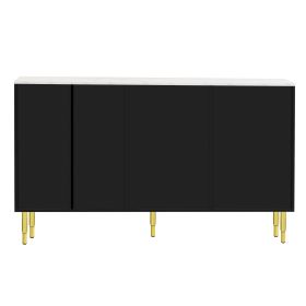 TREXM Modern Sideboard MDF Buffet Cabinet Marble Sticker Tabletop and Amber-yellow Tempered Glass Doors with Gold Metal Legs & Handles (Black)