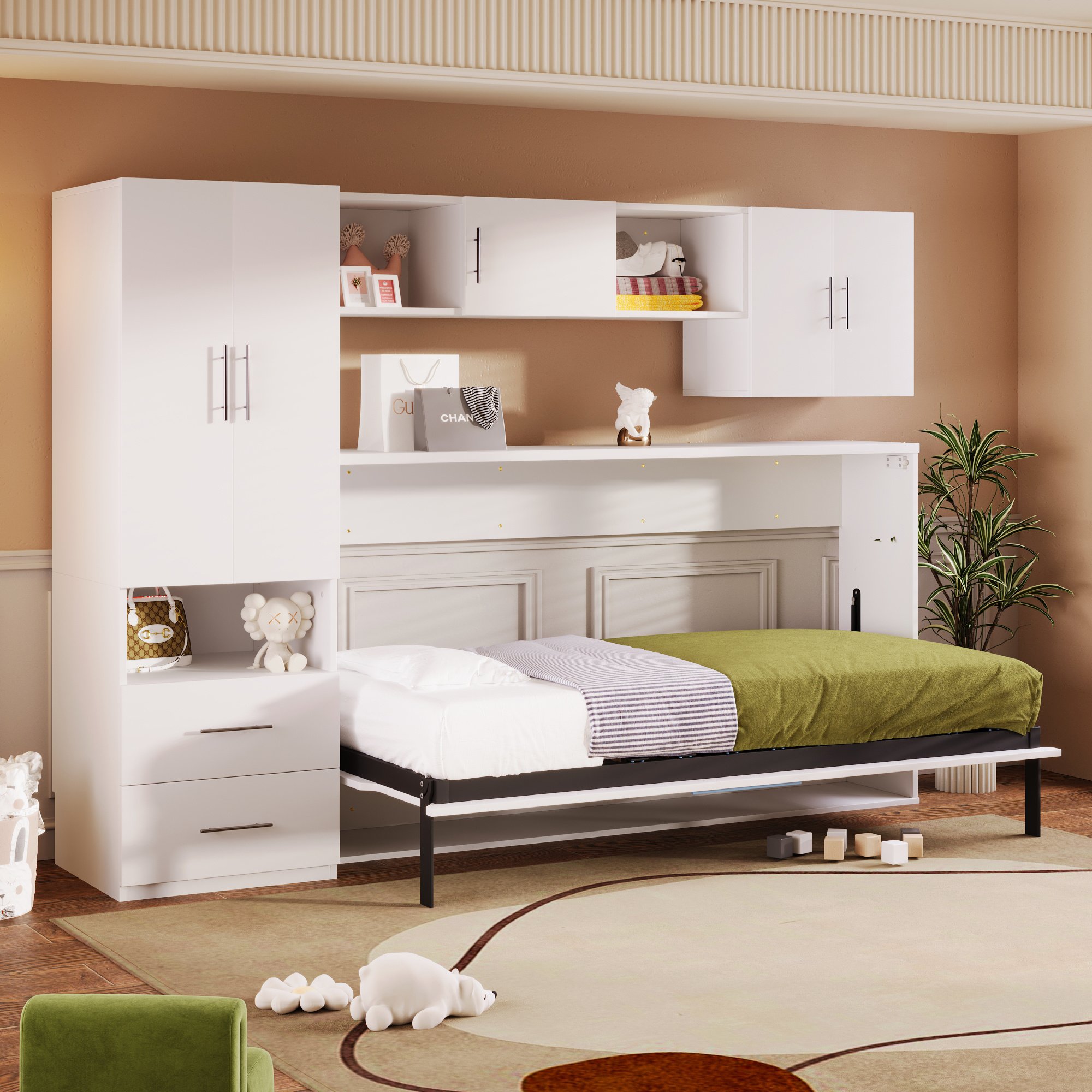 Twin Size Murphy Bed with Open Shelves and Storage Drawers,Built-in Wardrobe and Table, White Twin Size Murphy Bed with Open Shelves and Storage Drawers,Built-in Wardrobe and Table, White