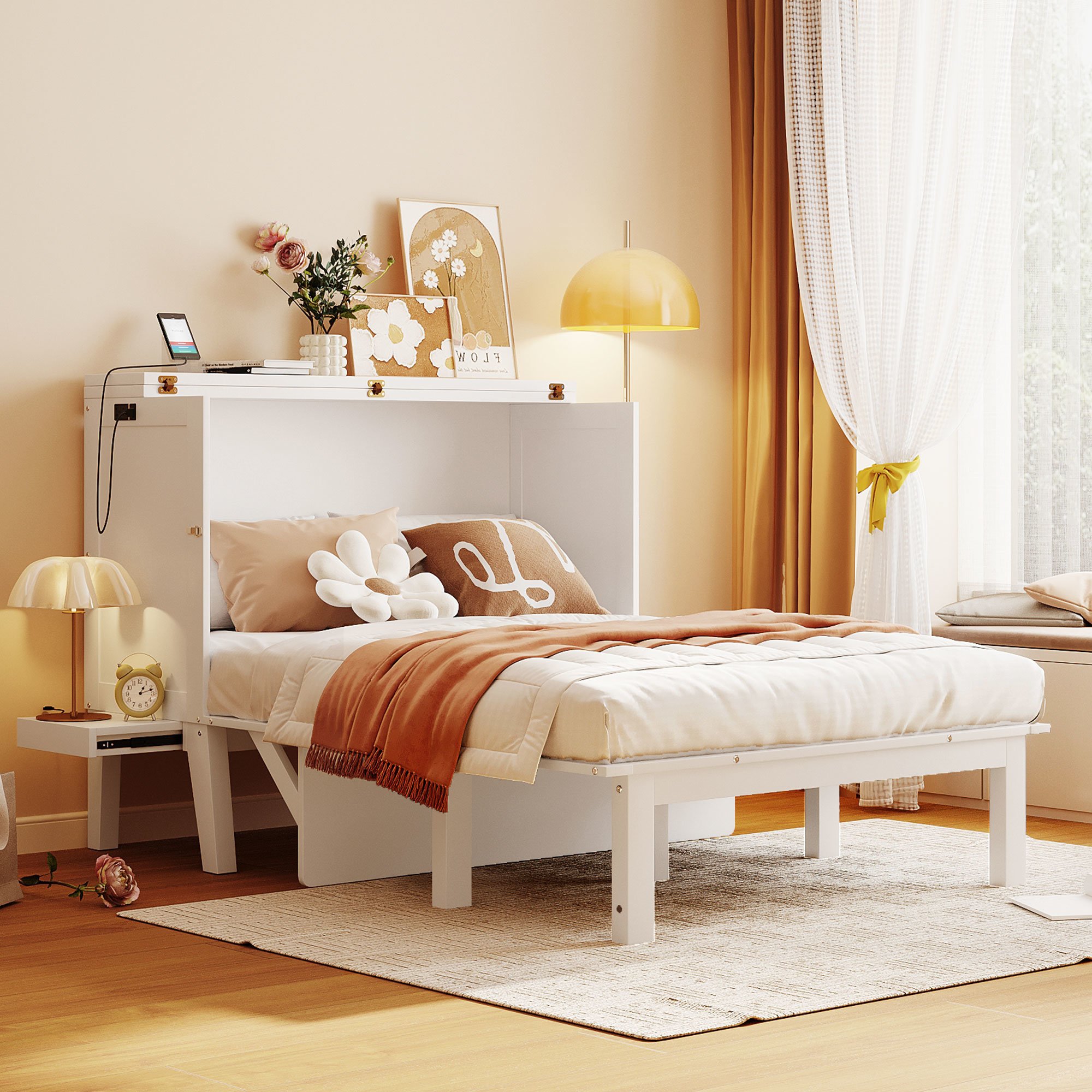 Full Size Murphy Bed with USB Port and removable Shelves on Each Side,White Full Size Murphy Bed with USB Port and removable Shelves on Each Side,White