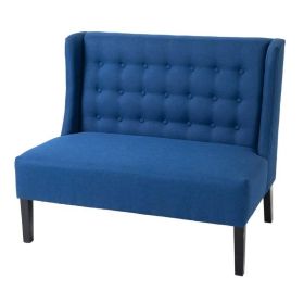 Scandinavian 2 Seater Button Tufted Loveseat Wooden Legs (Color: blue linen)