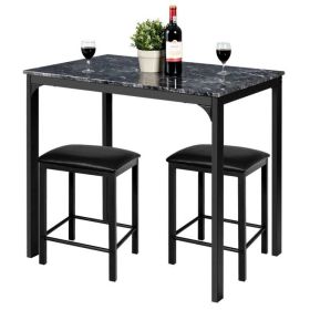 Modern 3-Piece Dining Set Faux Marble Table-Top and 2 Black Chairs Stools (Color: Black)