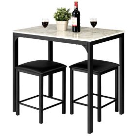 Modern 3-Piece Dining Set Faux Marble Table-Top and 2 Black Chairs Stools (Color: White)