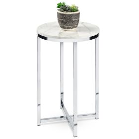 Round Cross Leg Design Coffee Side Table Nightstand with Faux Marble Top (Color: white/chrome)