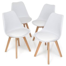 Set of 4 Modern Mid-Century Style PU Leather Dining Chairs with Wood Legs (Color: White)