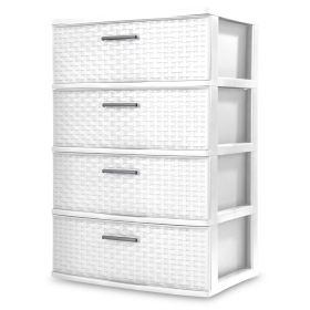 4 Drawer Wide Weave Tower Decoration Storage Cabinet (Color: White)