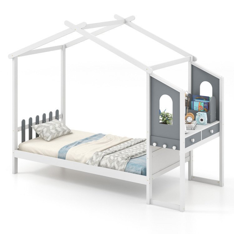 Twin/Full Bed Frame with House Roof Canopy and Fence for Kids Twin/Full Bed Frame with House Roof Canopy and Fence for Kids
